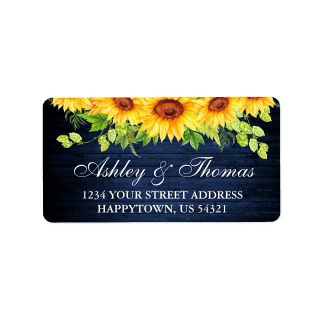 Étiquette Rustic Blue Wood Sunflower Floral Mariage Adresse (Devant)