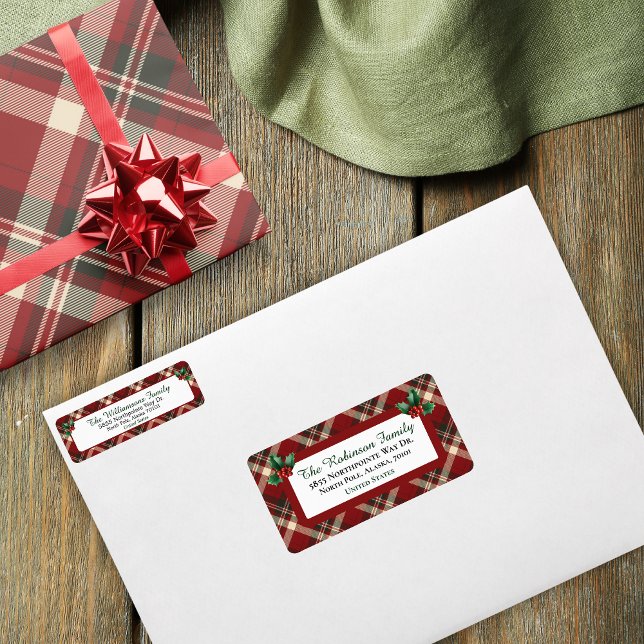 Étiquette Rustic Christmas Red Green Tartan Plaid Address (Créateur téléchargé)