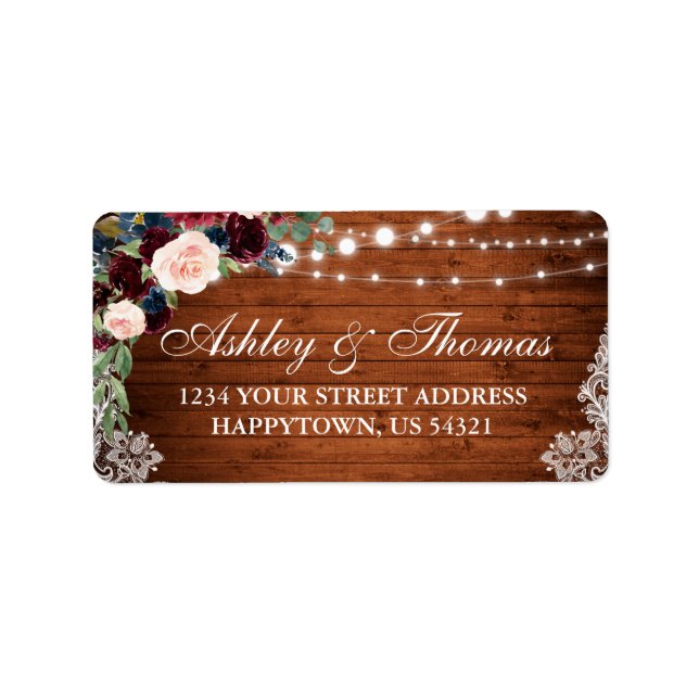 Étiquette Rustic Wood Burgundy Blue Floral Adresse (Devant)