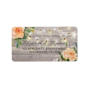 Étiquette Rustic Wood Floral String Lights Mariage Adresse