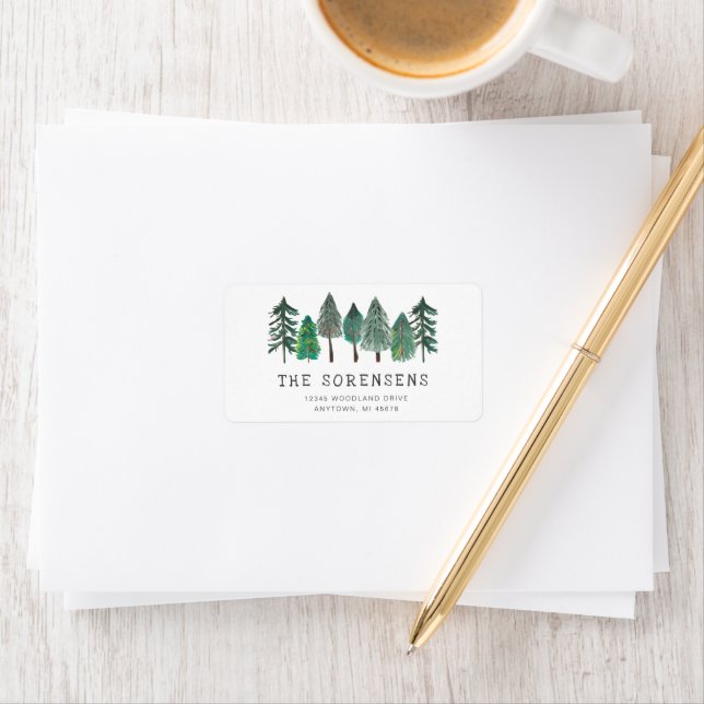 Étiquette Rustique Aquarelle Pine Trees Adresse (En situation)