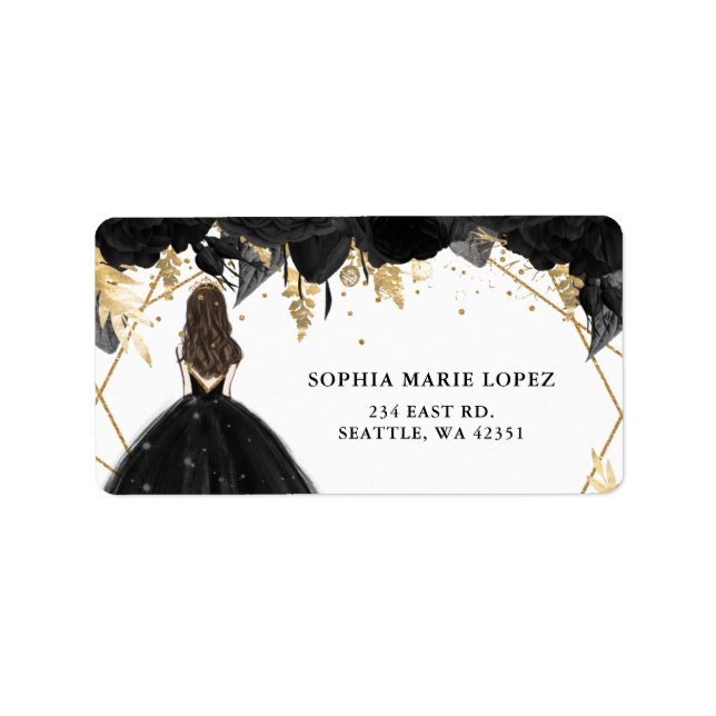 Étiquette Rustique Black Gold Floral Princesse Quinceanera (Devant)