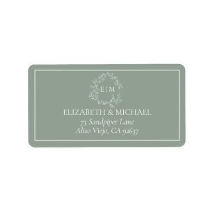 Étiquette Sage Green Leafy Crest Monogram Mariage Adresse La