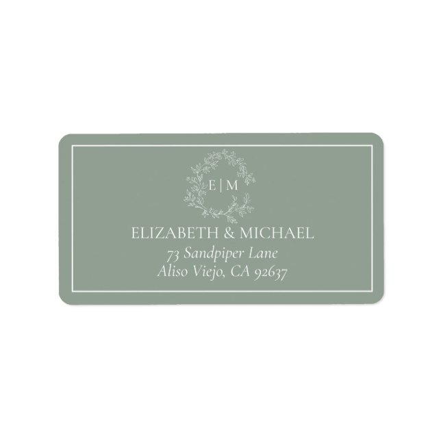 Étiquette Sage Green Leafy Crest Monogram Mariage Adresse La (Devant)