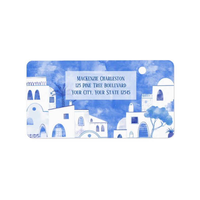 Étiquette Santorin Grèce Aquarelle Adresse (Devant)