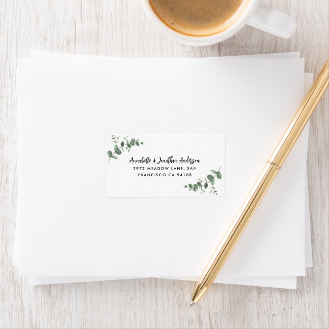 Étiquette Script moderne eucalyptus mariage botanique (En situation)