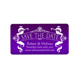 Étiquette Scroll vintage Enregistrer la date sur Damask Purp