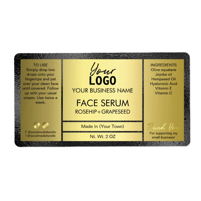 Étiquette Sérum D'Huile Noir Et Or Classique (Devant)