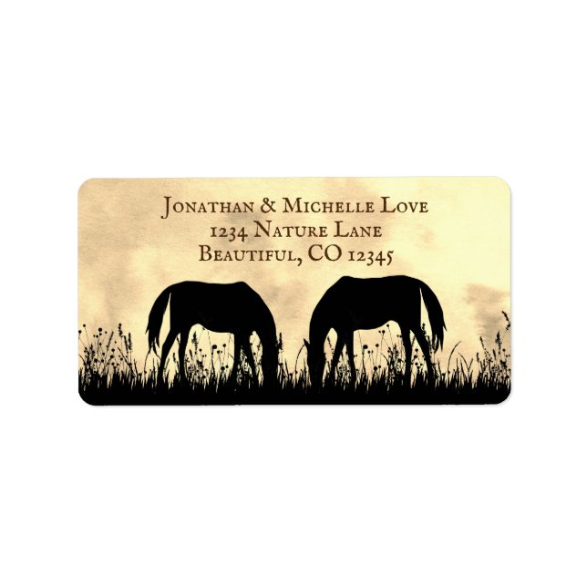 Étiquette Silhouette Horses Grading in Field Sunset Adresse (Devant)