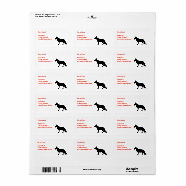 Étiquette Silhouette noire berger allemand (Feuille entière)