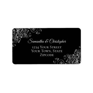 Étiquette Silver Gray Lace on Black Elegant Wedding Address