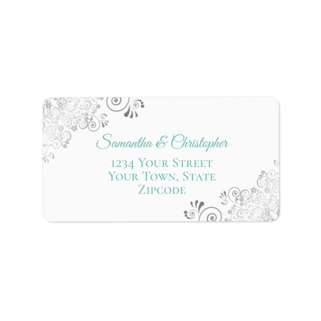 Étiquette Silver Lace Aqua Turquoise sur White Mariage Adres (Devant)