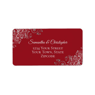 Étiquette Silver Lace Frills on Crimson Red Wedding Address