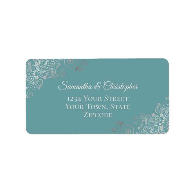 Étiquette Silver Lace Frills sur Turquoise Elegant Mariage A (Devant)
