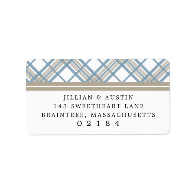 Étiquette Simple Plaid Blue & Tan Mariage Adresse de retour (Devant)