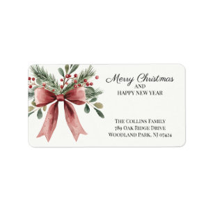 Étiquette Simple Rouge Ruban Bow Aquarelle Noël Adresse