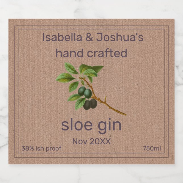 Étiquette Sloe Gin sur papier couleur Kraft (Étiquettes simples)