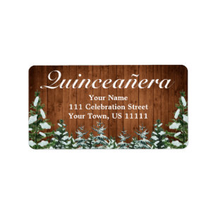 Étiquette Snowy Wood & Forest Pine rurale Quinceañera Adress