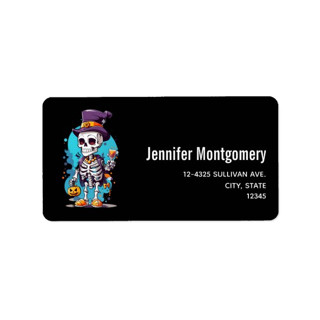Étiquette Squelette cool dans un chapeau haut de forme Hallo (Devant)