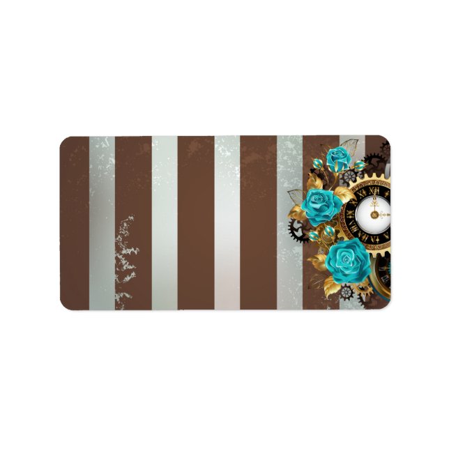 Étiquette Steampunk Clock and Turquoise Roses on Striped (Devant)