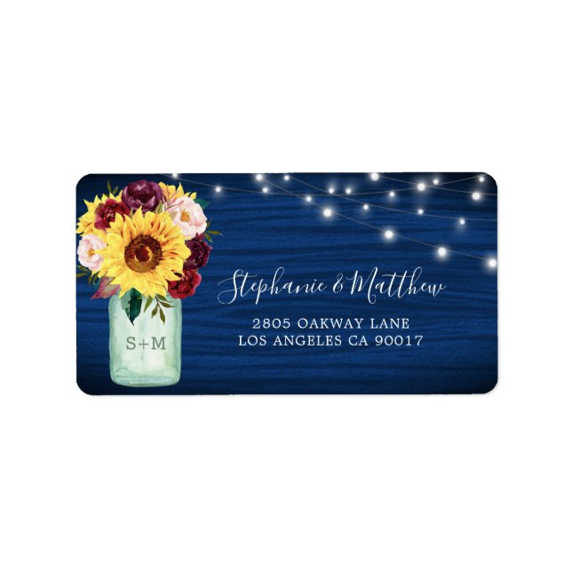 Étiquette Sunflower Navy Blue Mason Jar Lights Adresse (Devant)