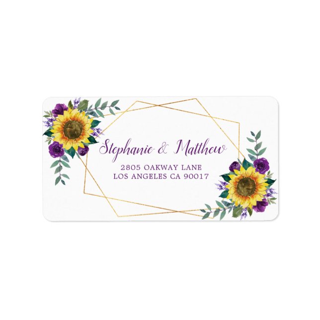 Étiquette Sunflower Purple Rose Géométrique Adresse Or (Devant)