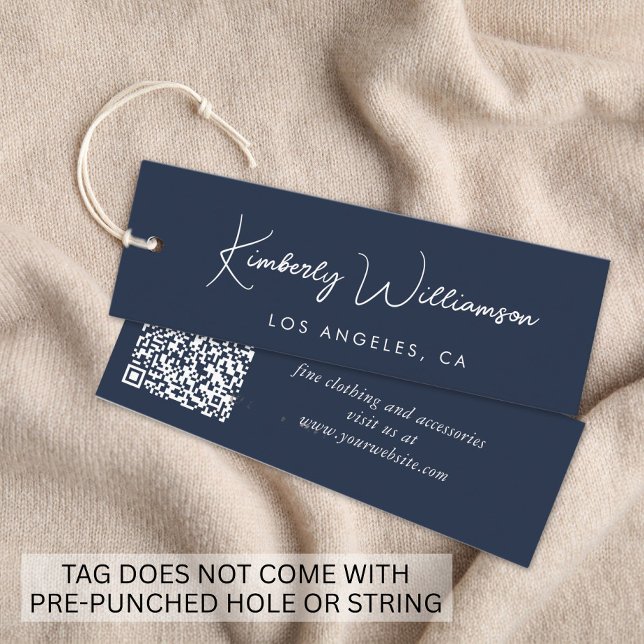 Étiquette Suspendue Code QR Chic Script Bleu (Empower your name in our signature script as your logo and brand identity)