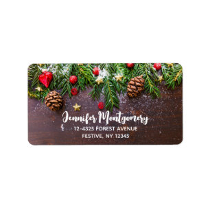 Étiquette Table de Noël rustique avec pin et neige