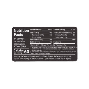 Étiquette Tabulaire Honey Nutrition Facts Jet Noir