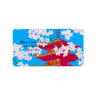 Étiquette Temple japonais avec fleurs de cerisiers