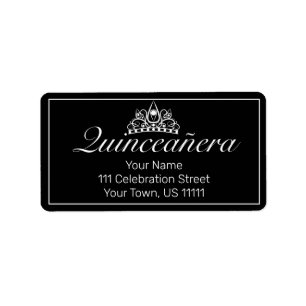 Étiquette Tiara Moderne Minimaliste Noir Quinceañera Adresse