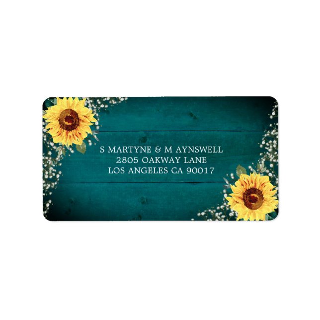 Étiquette Tournesol Rustique Babys Respire Mariage Turquoise (Devant)