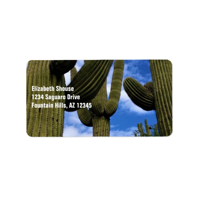 Étiquette Trio de Saguaro Cactus / Ciel bleu et nuages / adr (Devant)