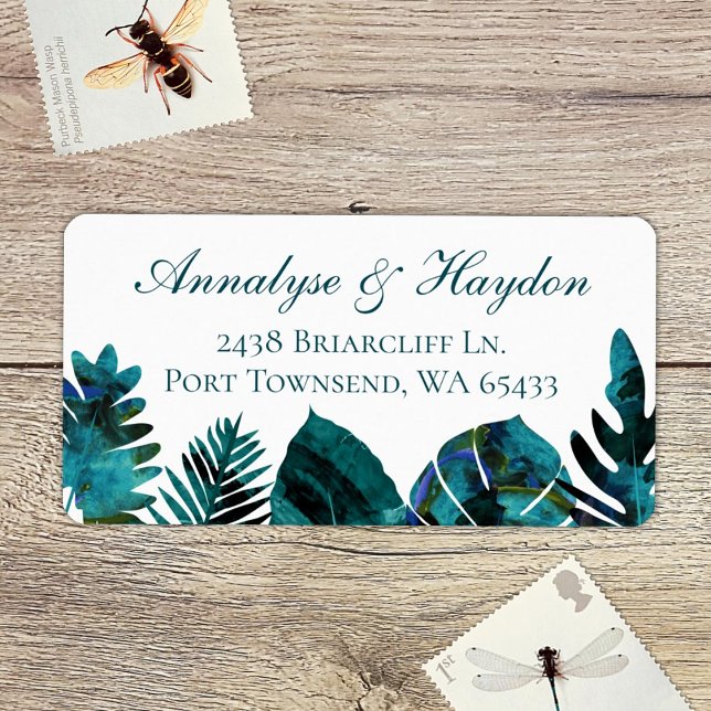 Étiquette Tropical Turquoise Island Feuille Adresse du Maria (tropical teal green, aquamarine island palm leaves, monstera, ferns address labels for rsvp cards)