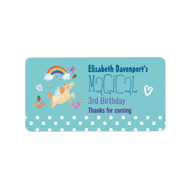 Étiquette Unicorn Arc-en-ciel nuages et fleurs Merci Anniver (Devant)