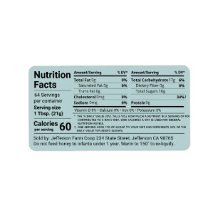 Étiquette Valeur nutritive du miel tabulaire Turquoise Produ