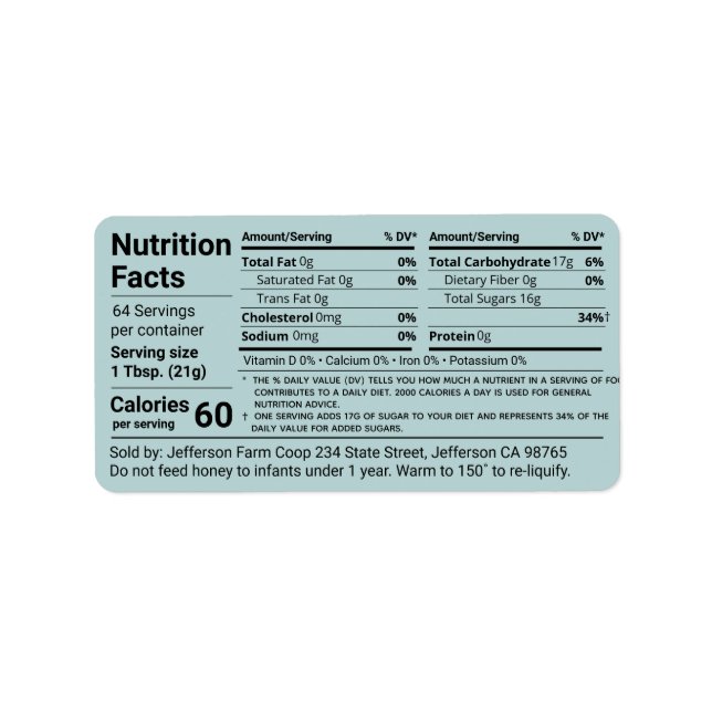 Étiquette Valeur nutritive du miel tabulaire Turquoise Produ (Devant)