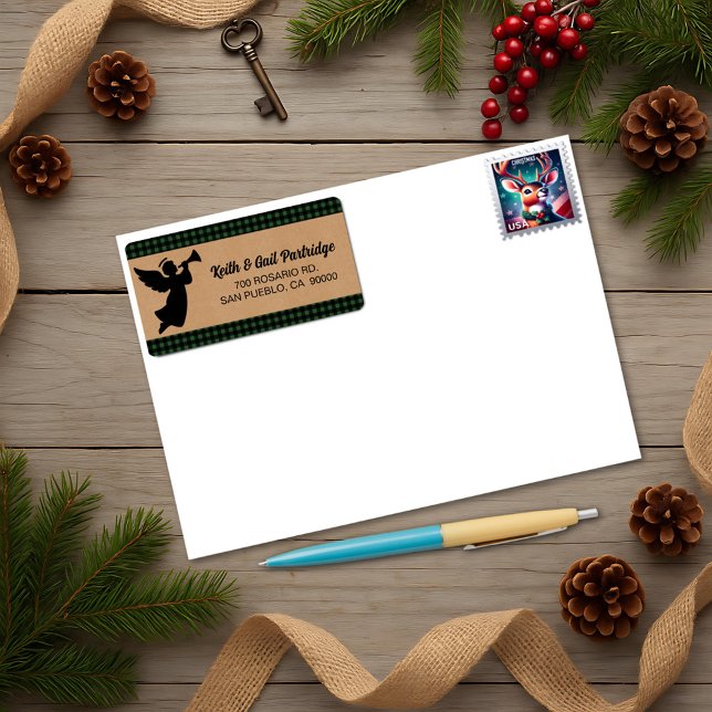 Étiquette Vert et noir Plaid Angel Noël personnalisé (Créateur téléchargé)