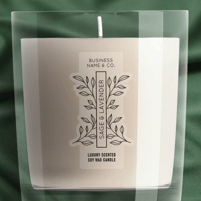 Étiquette vertical minimal à bougie claire botaniq (Transparent thin vertical rectangle jar label with modern botanical leaf motif and simple layout)