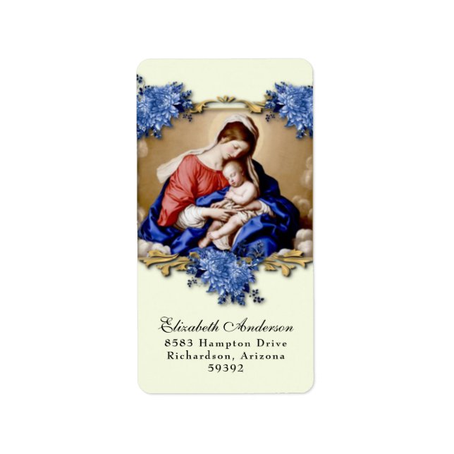 Étiquette Vierge religieuse Marie Jésus Fleurs bleues (Devant)