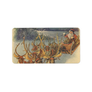 Étiquette Vintage Christmas Santa Claus Sleigh with Reindeer