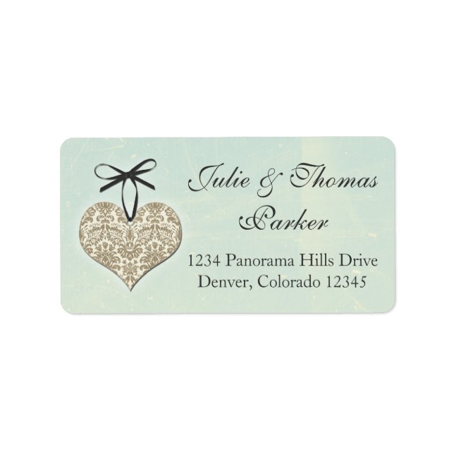 Étiquette Vintage Damask Heart Mint Gold Mariage Adresse (Devant)
