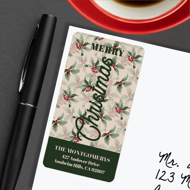Étiquette Vintage Holly et Berries Joyeux Noël (Vintage holly and berries Merry Christmas return address labels)