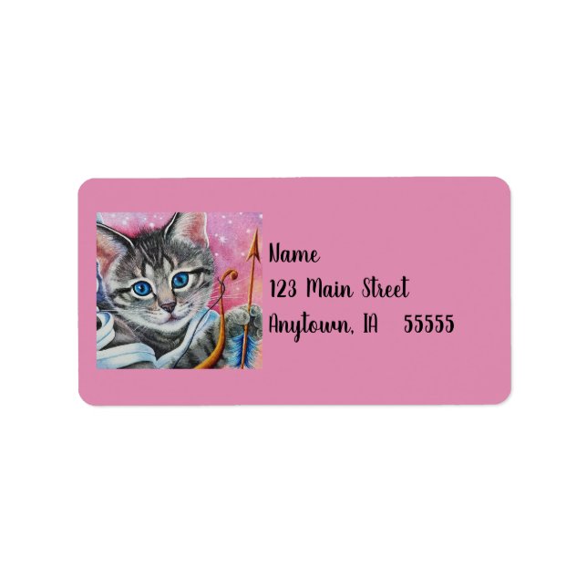 Étiquette Whimssical Cupid Tabby Kitty Chat Aquarelle Art (Devant)