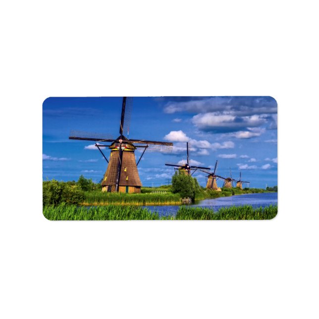 Étiquette Windmills en Kinderdijk, Hollande, Pays-Bas (Devant)