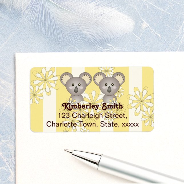 Étiquette Yellow Stripe Baby Koala Twin Kids Adresse de reto (Créateur téléchargé)