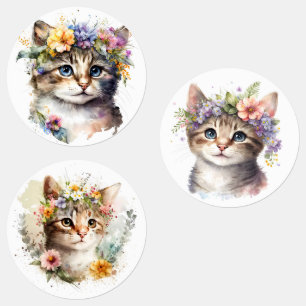 Étiquettes Aquarelle Chat avec fleurs