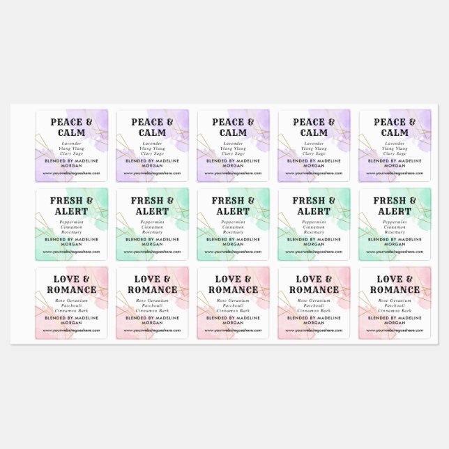 Étiquettes Aquarelle Faux Or Géométrique Huiles Essentielles (Feuille)