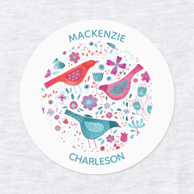 Étiquettes Aquarelle Oiseaux et fleurs Nom personnalisé (Design 1)