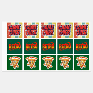 Étiquettes Autocollants. Retro. Pizza. C'est fini.
